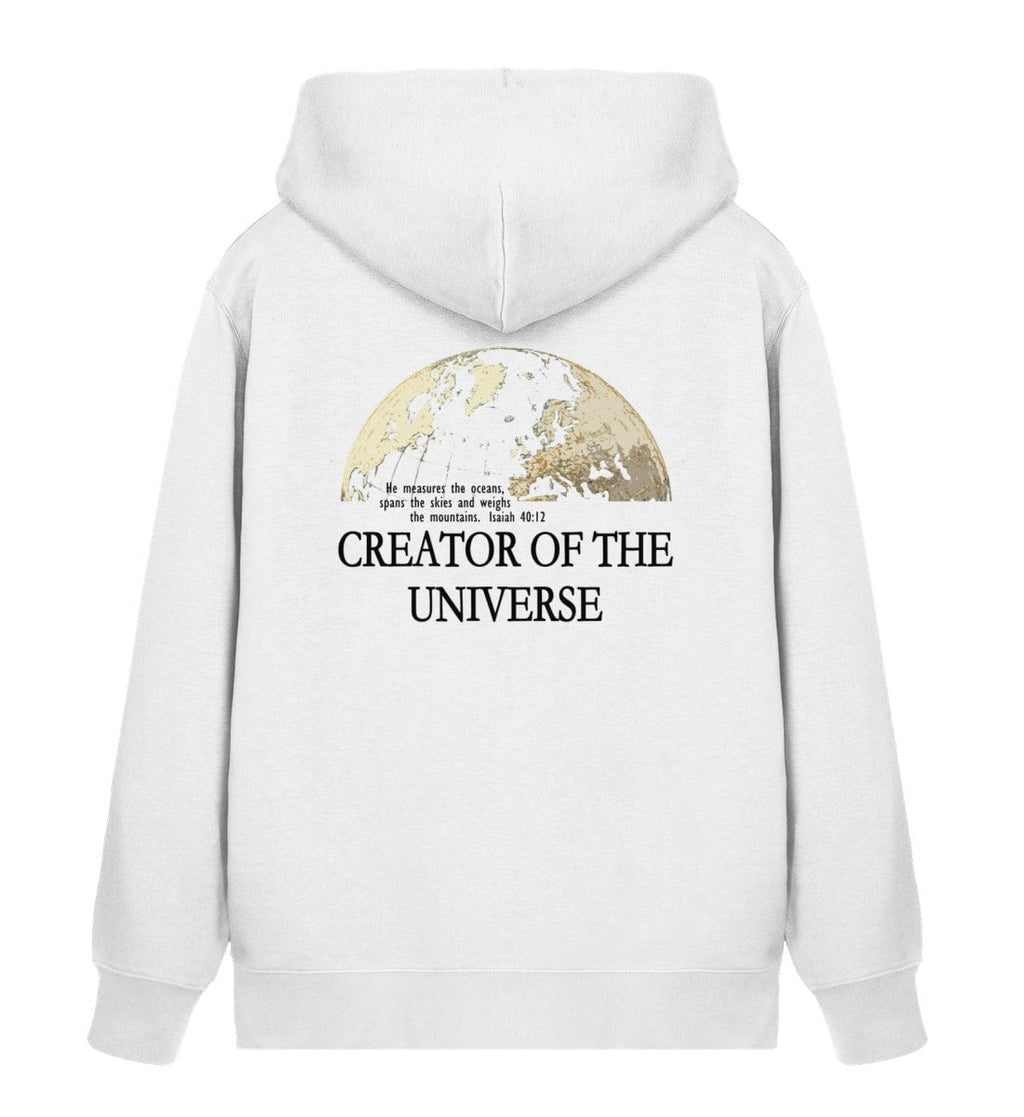 Christlicher Zipper CREATOR OF THE UNIVERSE in Weiß, Rückansicht mit Rückenprint, 85% Bio-Baumwolle