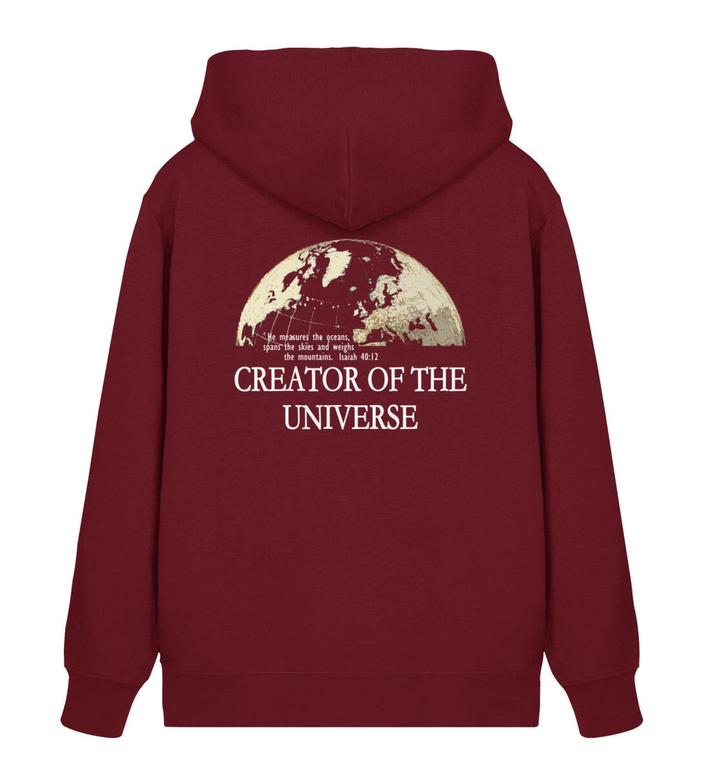 Christlicher Zipper CREATOR OF THE UNIVERSE in Burgund, Rückansicht mit Rückenprint, 85% Bio-Baumwolle