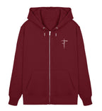 Christlicher Zipper Forgiven in Burgund, Vorderansicht mit Brustprint, 85% Bio-Baumwolle
