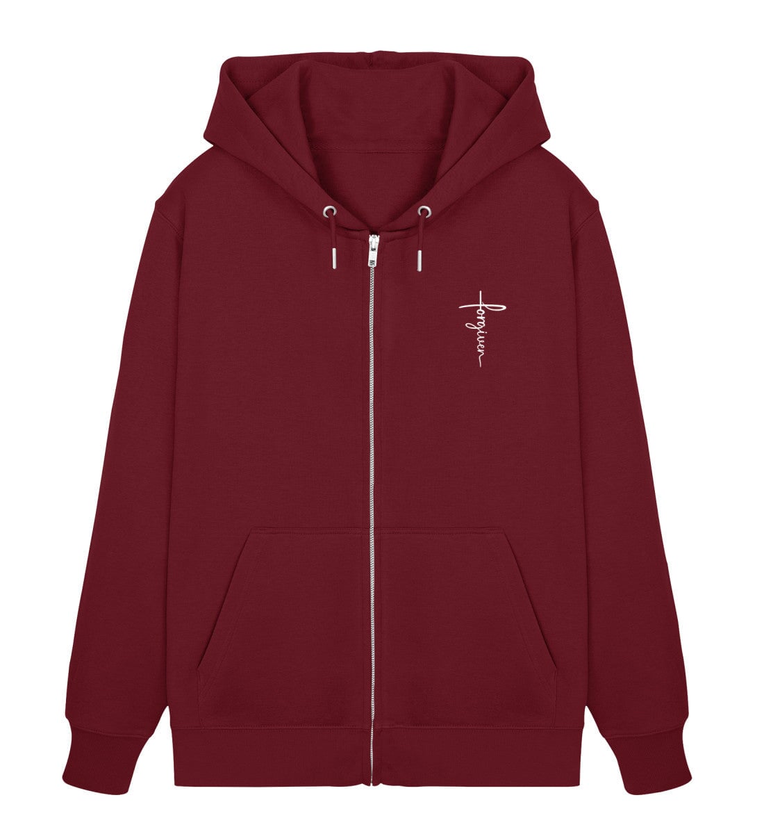 Christlicher Zipper Forgiven in Burgund, Vorderansicht mit Brustprint, 85% Bio-Baumwolle
