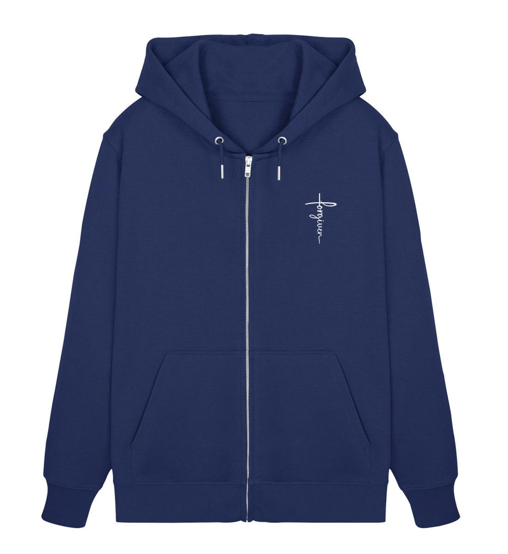 Christlicher Zipper Forgiven in Dunkelblau, Vorderansicht mit Brustprint, 85% Bio-Baumwolle