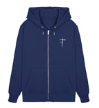 Christlicher Zipper Forgiven in Dunkelblau, Vorderansicht mit Brustprint, 85% Bio-Baumwolle