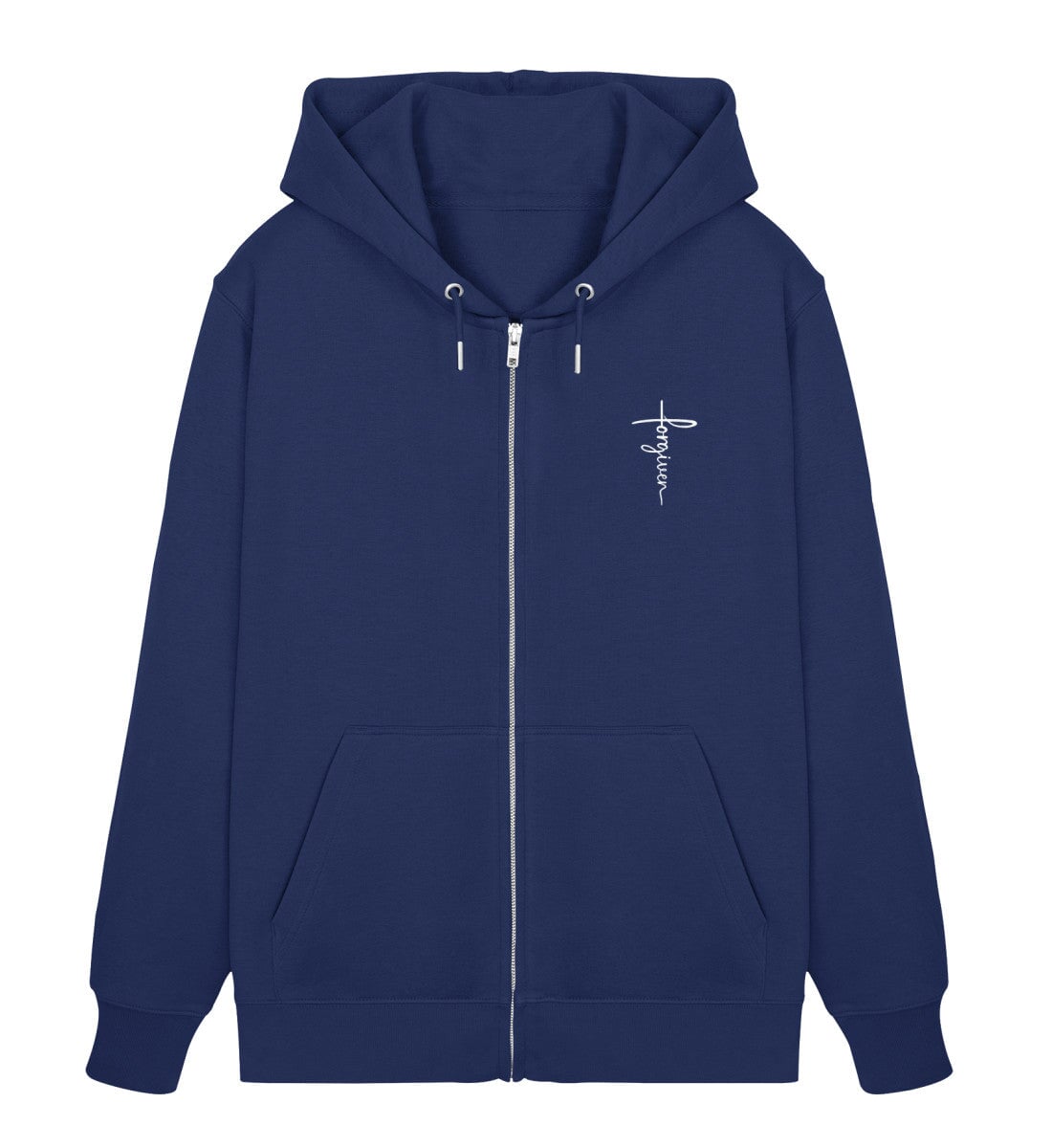 Christlicher Zipper Forgiven in Dunkelblau, Vorderansicht mit Brustprint, 85% Bio-Baumwolle