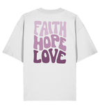 Christliches Oversized Shirt FAITH HOPE LOVE in Weiß, Rückansicht mit Rückenprint, 100% Bio-Baumwolle