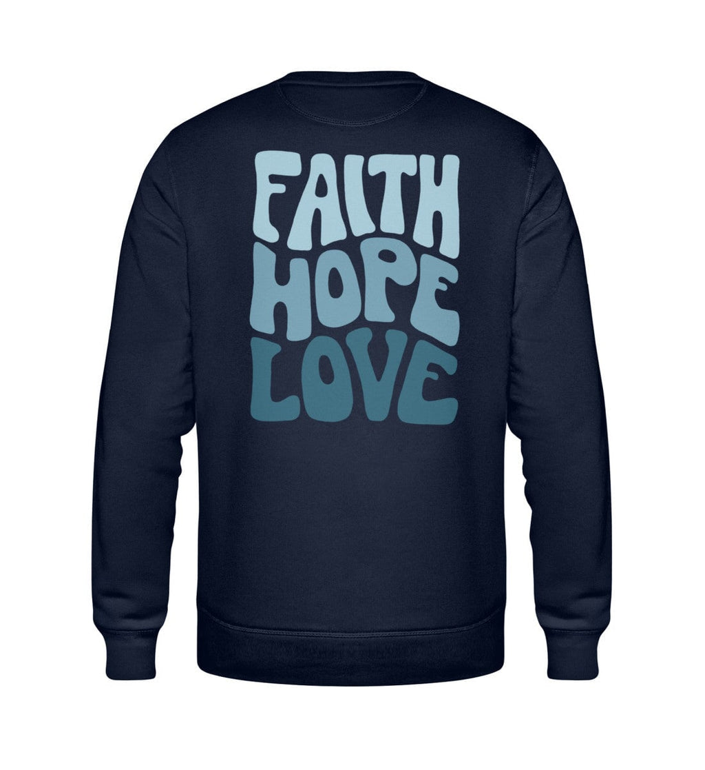 Christliches Sweatshirt FAITH HOPE LOVE in Dunkelblau, Rückansicht mit Rückenprint, 85% Bio-Baumwolle
