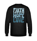 Christliches Sweatshirt FAITH HOPE LOVE in Schwarz, Rückansicht mit Rückenprint, 85% Bio-Baumwolle