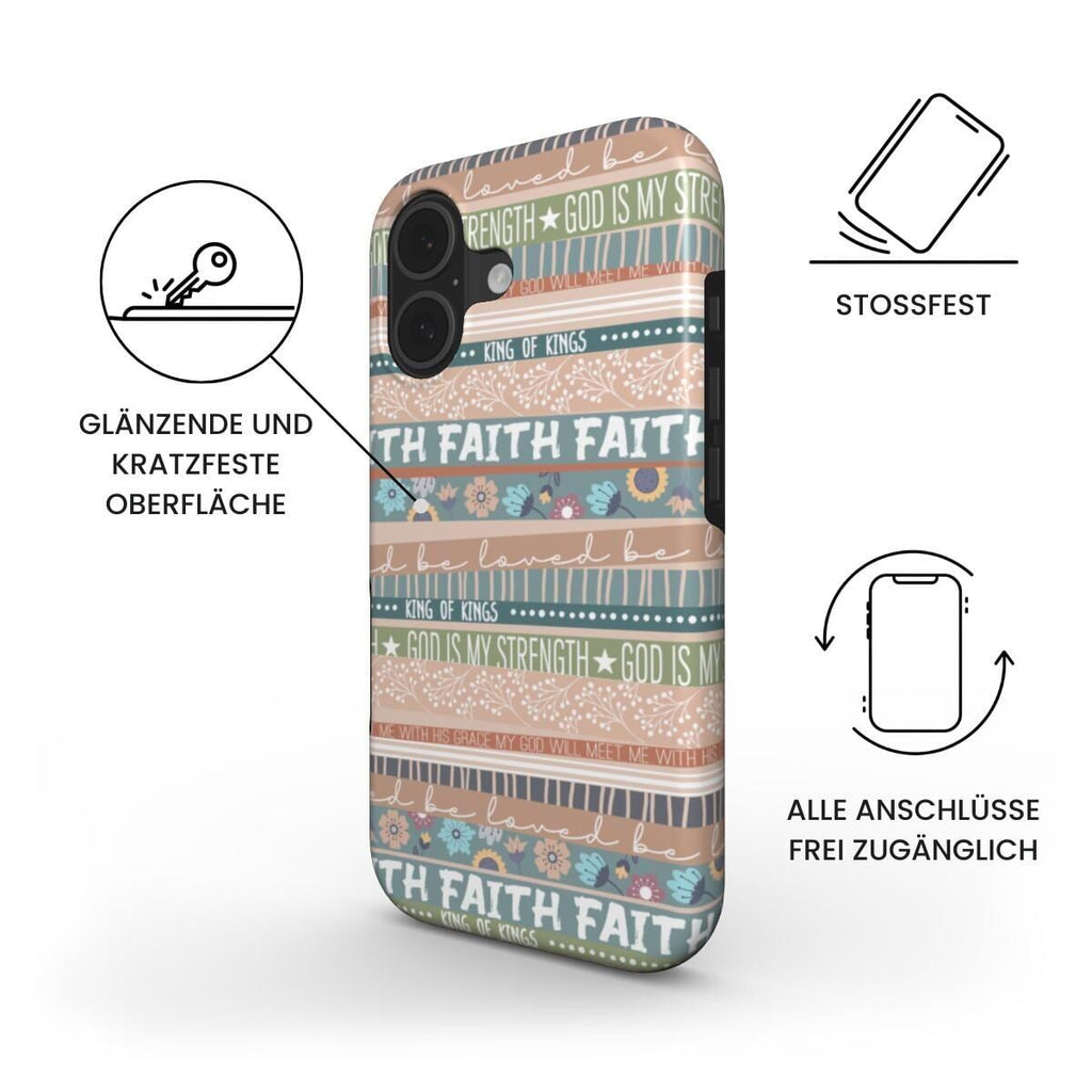 Robuste Handyhülle FAITH in Beige mit Blumenmustern und christlichen Texten – Infografik