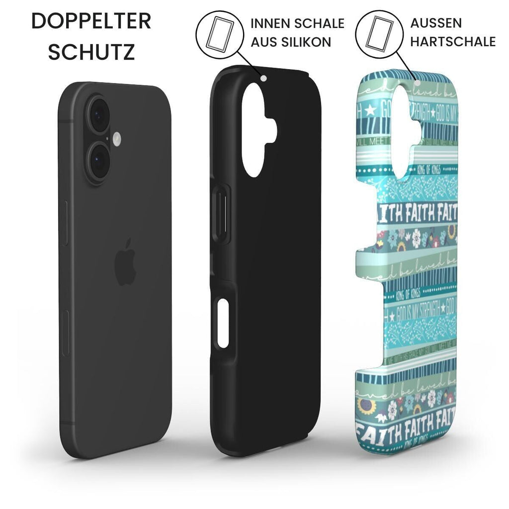 Robuste Handyhülle FAITH in Türkis mit iPhone, Silikon-Innenschale und Hartschale – Infografik