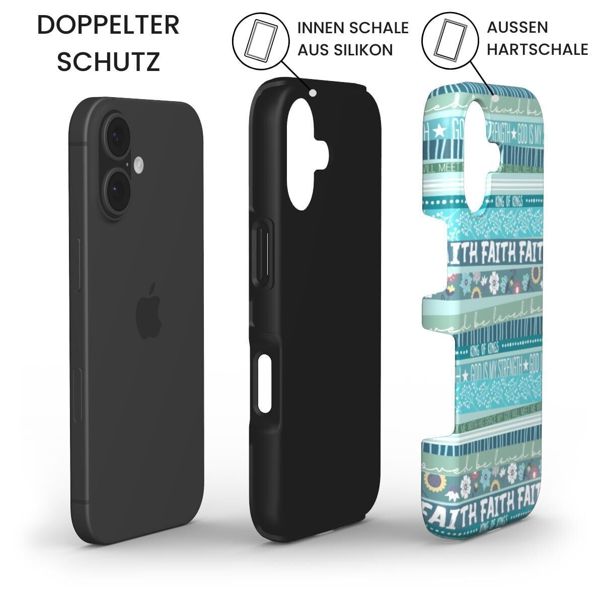 Robuste Handyhülle FAITH in Türkis mit iPhone, Silikon-Innenschale und Hartschale – Infografik