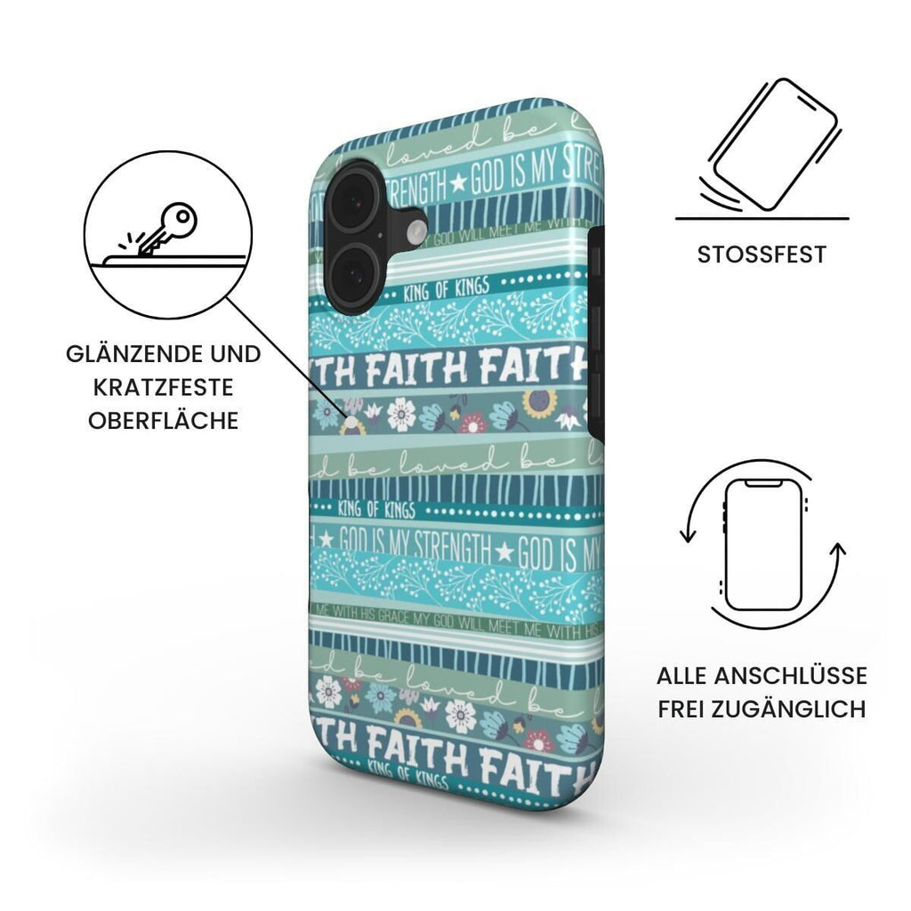 Robuste Handyhülle FAITH in Türkis mit horizontalen Streifen und christlichen Texten – Produktbild