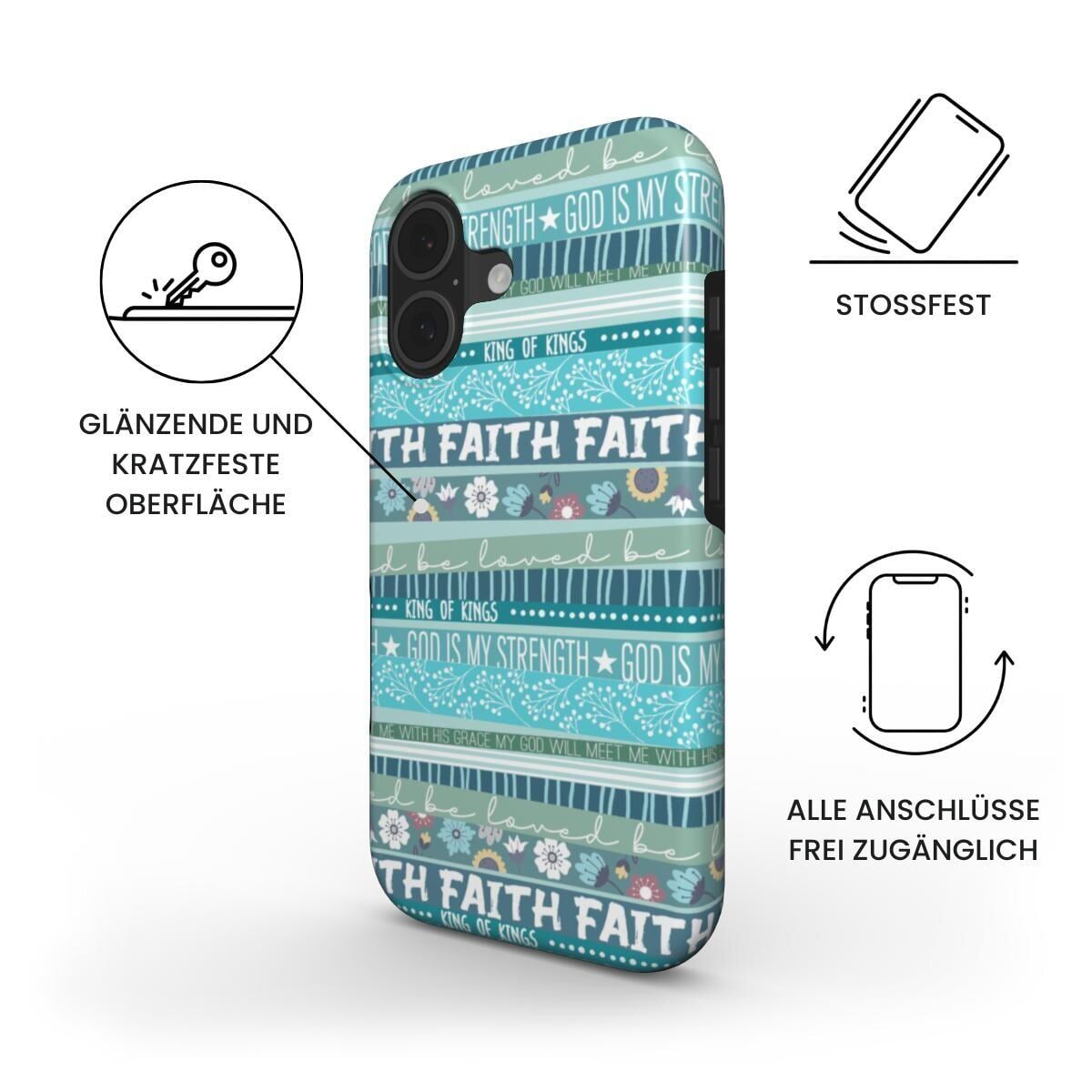 Robuste Handyhülle FAITH in Türkis mit horizontalen Streifen und christlichen Texten – Produktbild