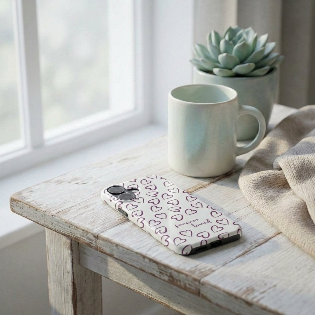 Handyhülle Glaube mit FOREVER LOVED Text und Herzmuster in Beere auf Holztisch neben Tasse – Lifestyle