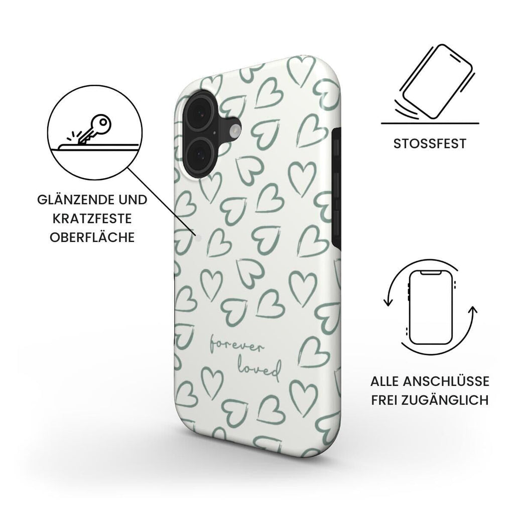 Robuste Handyhülle FOREVER LOVED auf weißem Hintergrund mit Herzmuster und Produktfeatures, Infografik