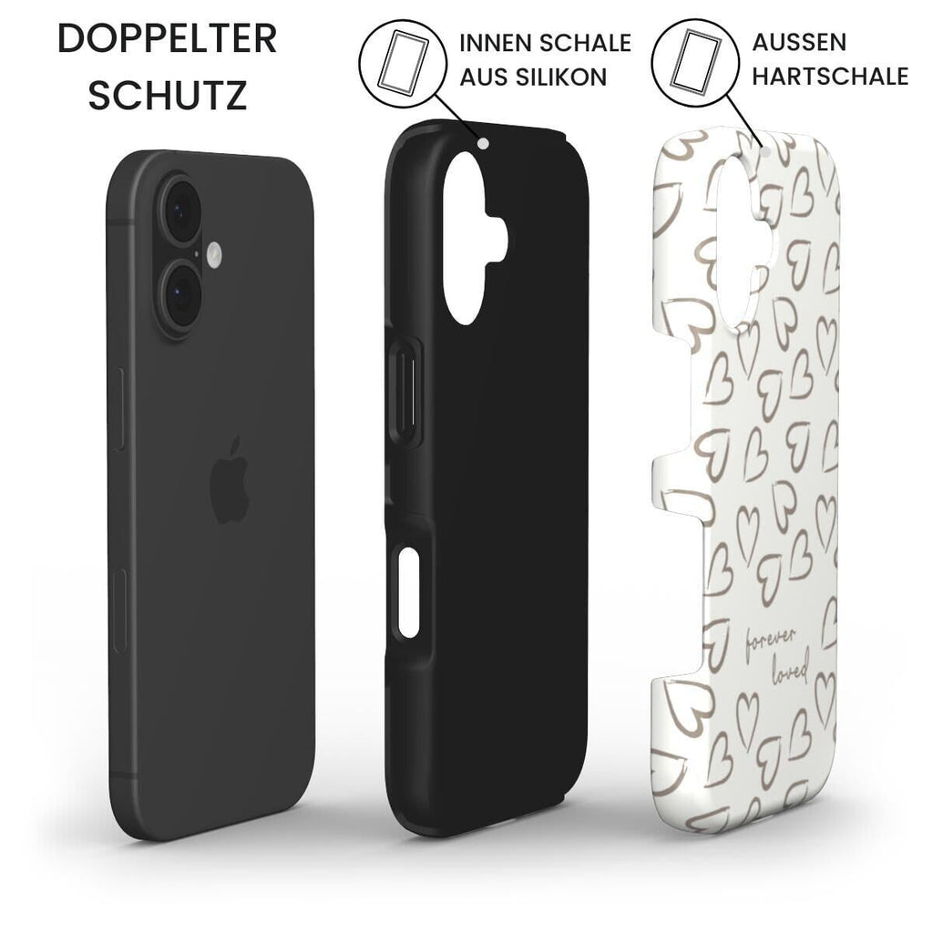 Robuste Handyhülle FOREVER LOVED mit doppeltem Schutz-System: iPhone, Silikon-Innenschale und weiße Hartschale, Infografik