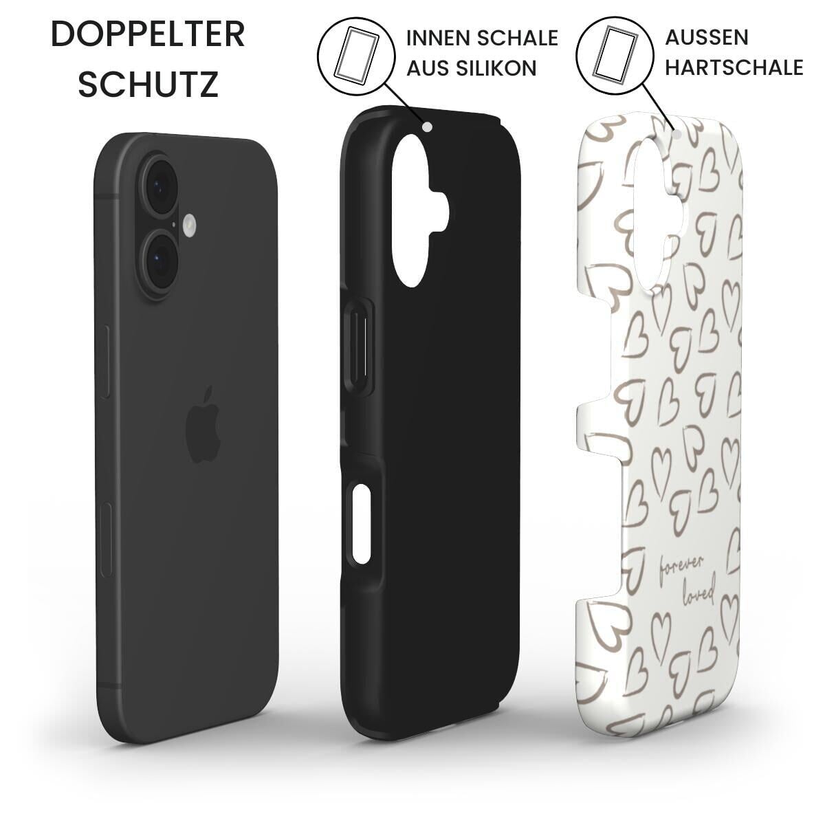 Robuste Handyhülle FOREVER LOVED mit doppeltem Schutz-System: iPhone, Silikon-Innenschale und weiße Hartschale – Infografik