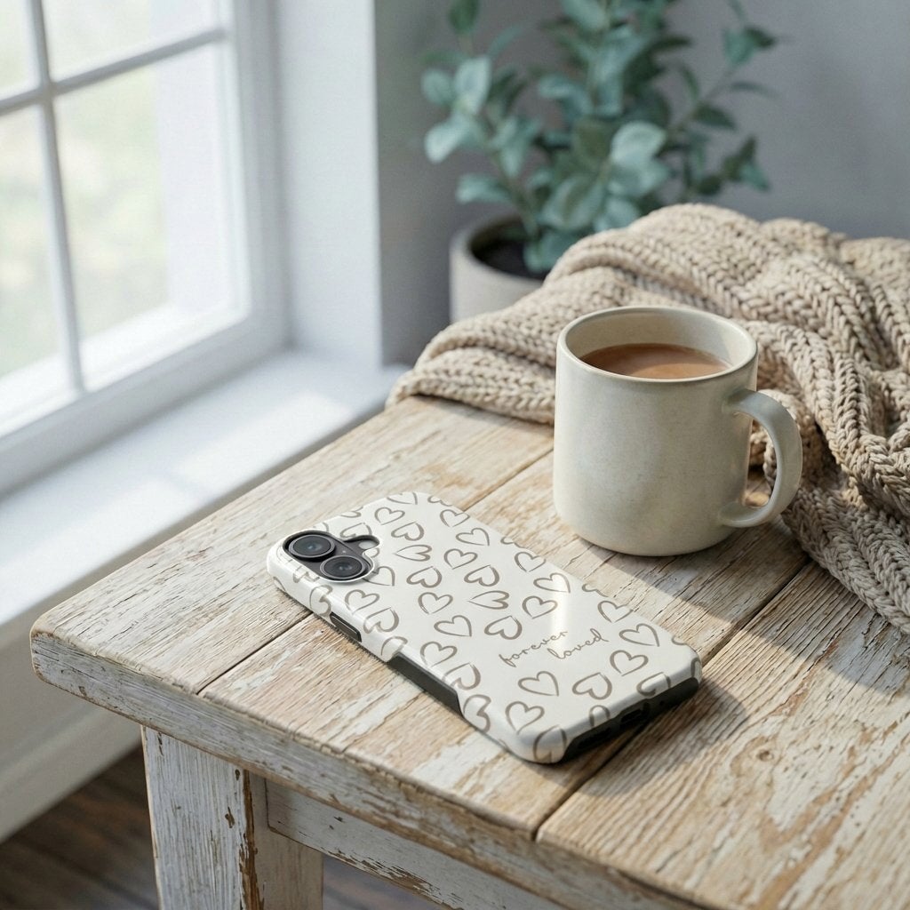 Handyhülle Glaube FOREVER LOVED in creme auf rustikalem Holztisch neben Kaffeetasse, Lifestyle
