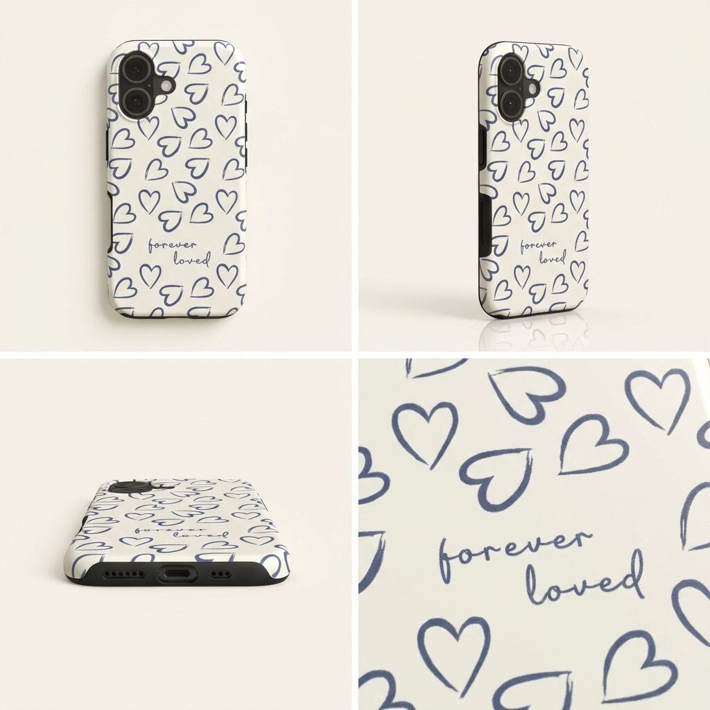 Handyhülle mit Motiv FOREVER LOVED in vier Ansichten mit navy blauen Herzen auf weißem Grund
