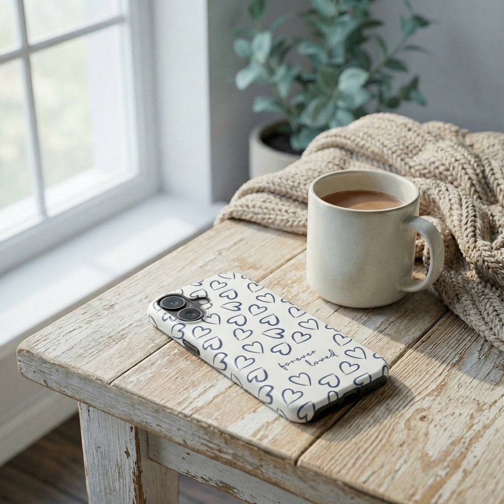 Handyhülle Glaube FOREVER LOVED in Schieferblau auf rustikalem Holztisch mit Kaffeetasse und Decke – Lifestyle