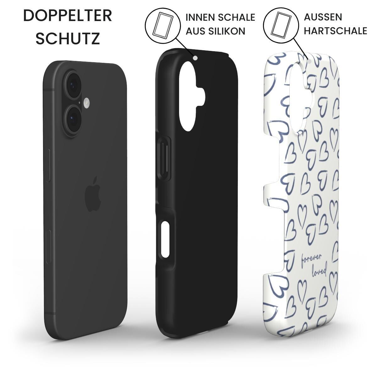 Robuste Handyhülle FOREVER LOVED mit doppeltem Schutz: iPhone, Silikon-Innenschale, Hartschale – Infografik