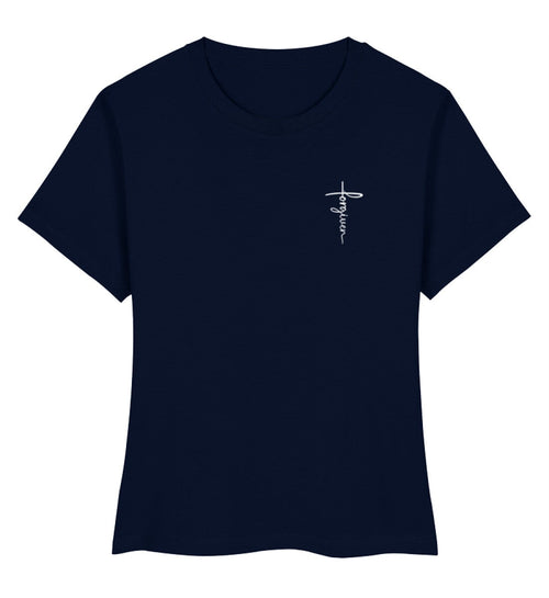 Christliches Damen-T-Shirt Forgiven in Dunkelblau, 100% Bio-Baumwolle