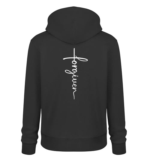 Christlicher Hoodie Forgiven in Schwarz, Rückansicht mit Rückenprint, 100% Bio-Baumwolle