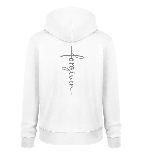 Christlicher Hoodie Forgiven in Weiß, Rückansicht mit Rückenprint, 100% Bio-Baumwolle