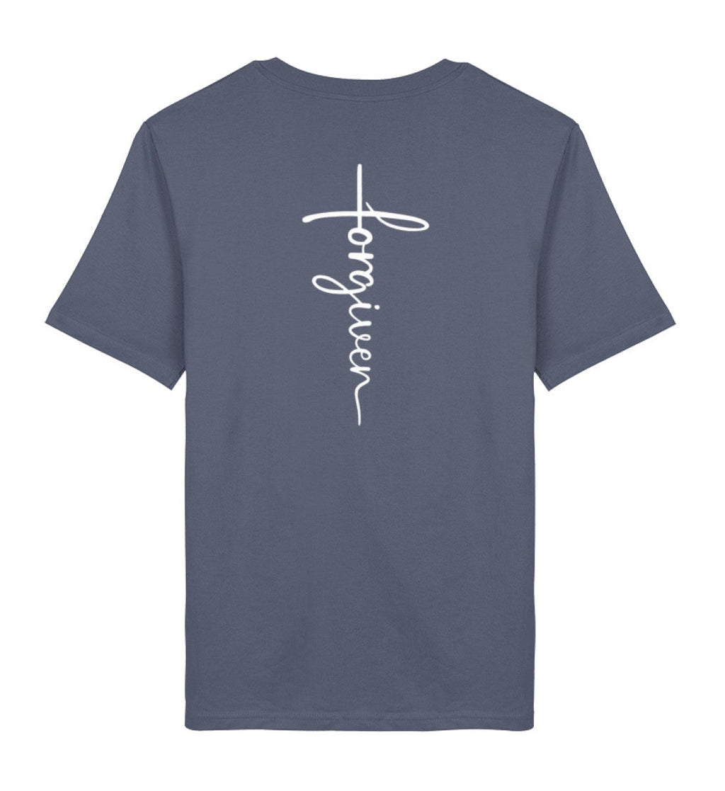Christliches T-Shirt Forgiven in Dämmerblau, Rückansicht mit Rückenprint, 100% Bio-Baumwolle