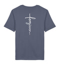 Christliches T-Shirt Forgiven in Dämmerblau, Rückansicht mit Rückenprint, 100% Bio-Baumwolle