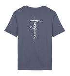 Christliches T-Shirt Forgiven in Dämmerblau, Rückansicht mit Rückenprint, 100% Bio-Baumwolle