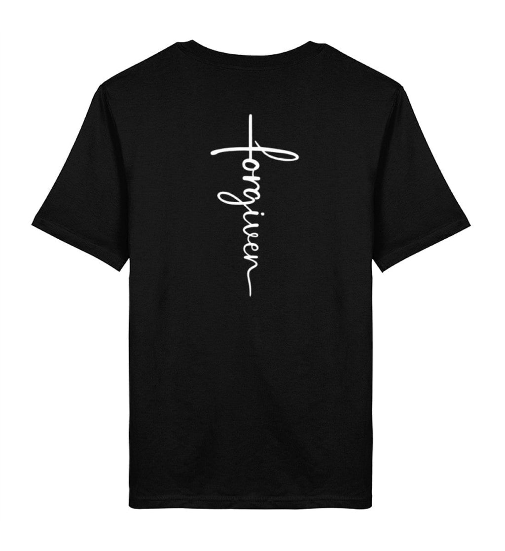 Christliches T-Shirt Forgiven in Schwarz, Rückansicht mit Rückenprint, 100% Bio-Baumwolle