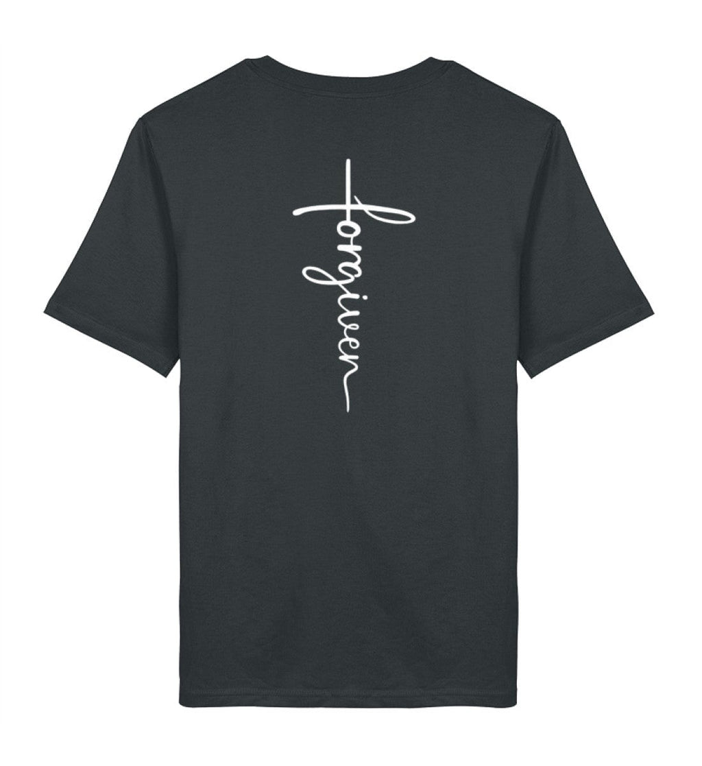 Christliches T-Shirt Forgiven in Anthrazit, Rückansicht mit Rückenprint, 100% Bio-Baumwolle