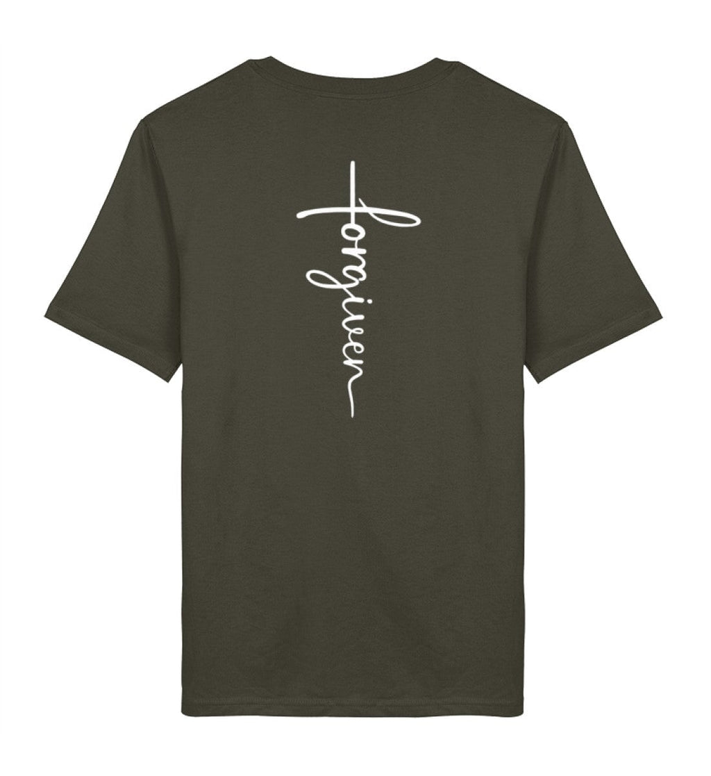 Christliches T-Shirt Forgiven in Khaki, Rückansicht mit Rückenprint, 100% Bio-Baumwolle