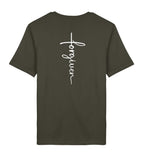 Christliches T-Shirt Forgiven in Khaki, Rückansicht mit Rückenprint, 100% Bio-Baumwolle