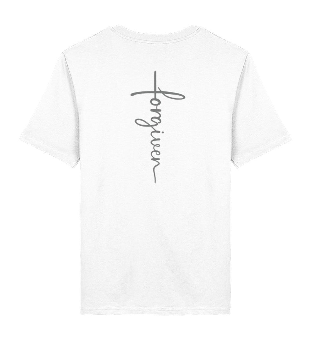 Christliches T-Shirt Forgiven in Weiß, Rückansicht mit Rückenprint, 100% Bio-Baumwolle