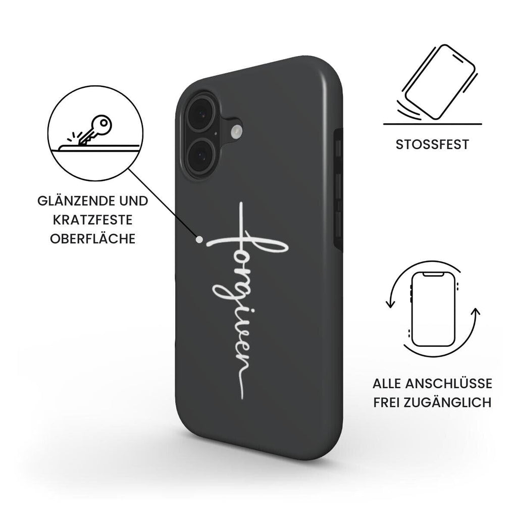 Robuste Handyhülle FORGIVEN in anthrazit mit weißer Schrift in Kreuzform, Infografik