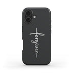 Christliche Handyhülle FORGIVEN in anthrazit für iPhone mit weißem Schriftzug und Kreuz-Design, Vorderseite