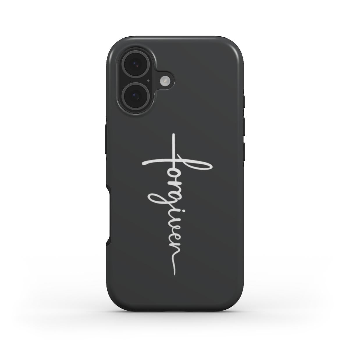 Christliche Handyhülle FORGIVEN in anthrazit für iPhone mit weißem Schriftzug und Kreuz-Design, Vorderseite