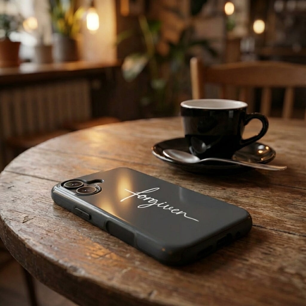 Handyhülle mit Motiv FORGIVEN in Anthrazit liegt auf Holztisch neben Kaffeetasse in Café, Lifestyle