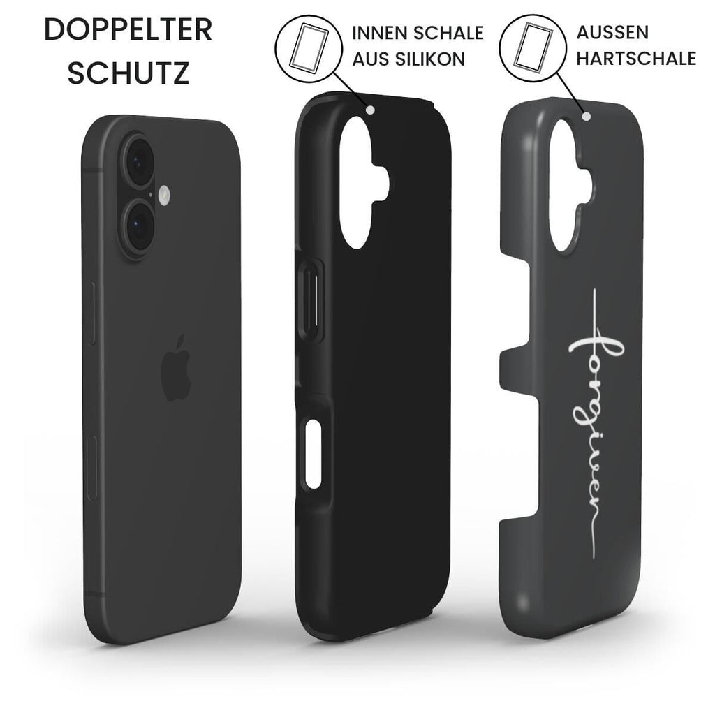 Robuste Handyhülle FORGIVEN mit doppeltem Schutz: iPhone, Silikon-Innenschale und Hartschale, Infografik