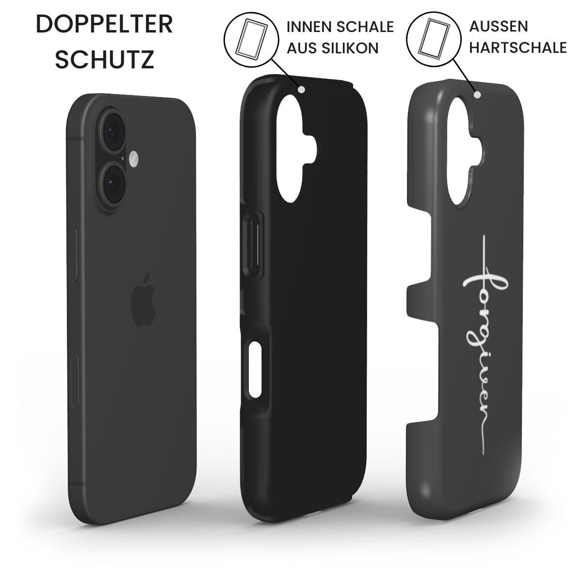Robuste Handyhülle FORGIVEN mit doppeltem Schutz: iPhone, Silikon-Innenschale und Hartschale, Infografik