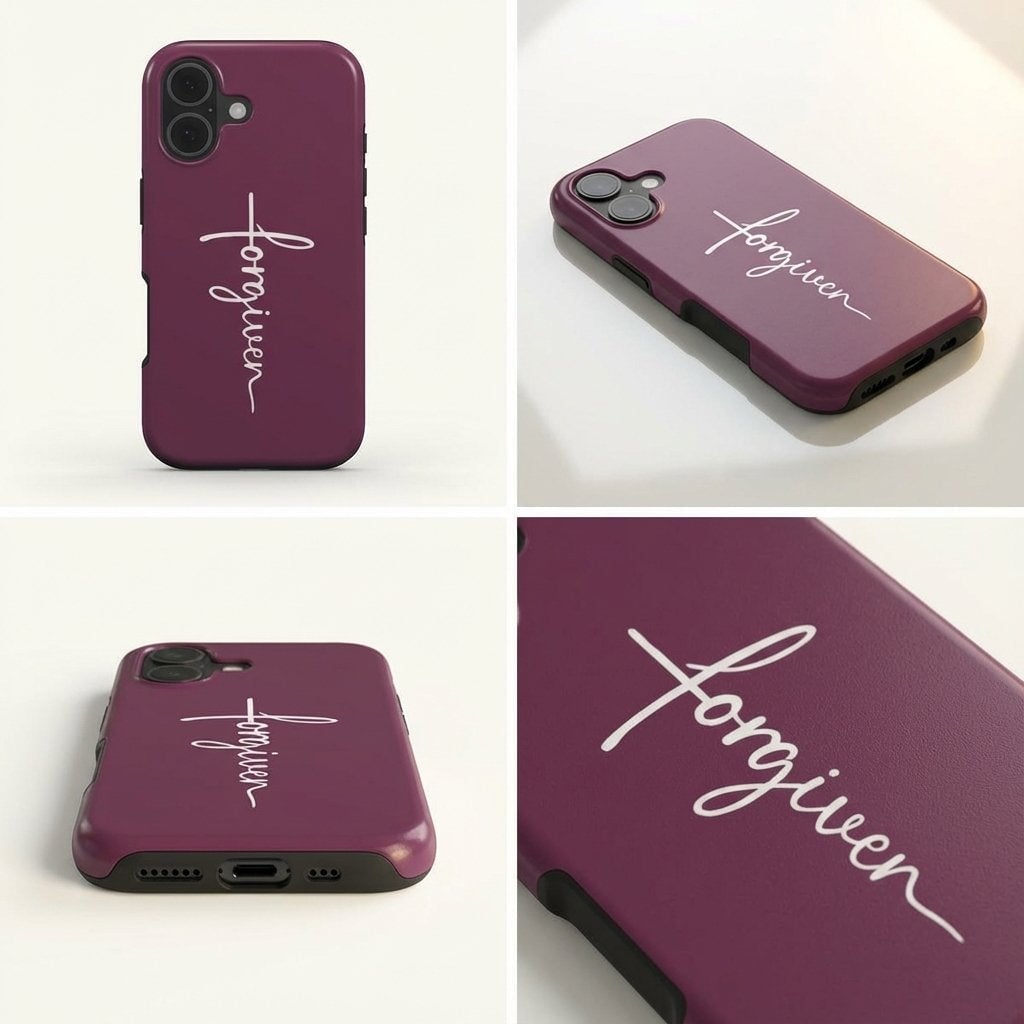 Handyhülle mit Motiv FORGIVEN in tiefem Beerenrot mit weißem Schriftzug und Kreuz-Design, vier Ansichten