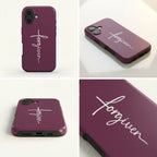 Handyhülle mit Motiv FORGIVEN in tiefem Beerenrot mit weißem Schriftzug und Kreuz-Design, vier Ansichten