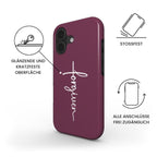 Robuste Handyhülle FORGIVEN in bordeaux mit weißer Schrift in Kreuzform, Infografik