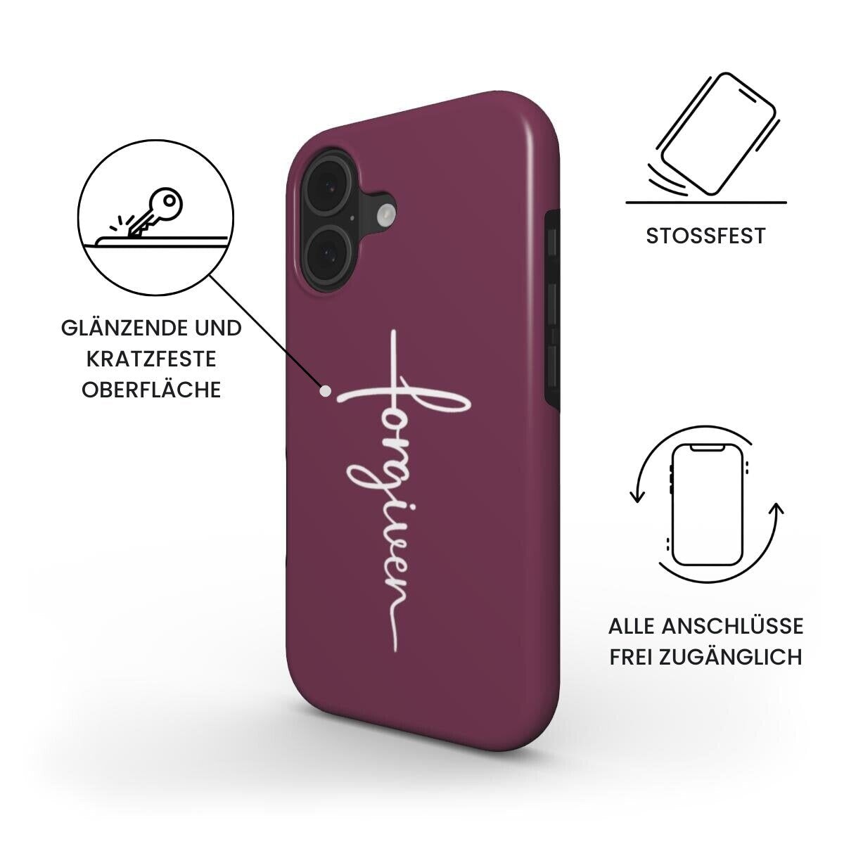 Robuste Handyhülle FORGIVEN in bordeaux mit weißer Schrift in Kreuzform, Infografik