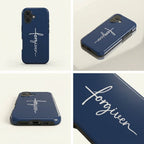 Hochwertige Handyhülle FORGIVEN in Dunkelblau mit weißem Schriftzug und Kreuz-Design, Detailansicht