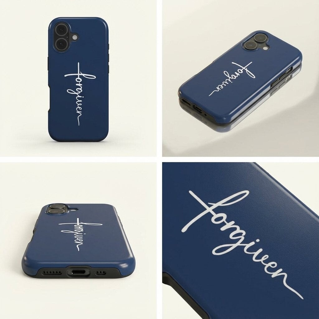 Hochwertige Handyhülle FORGIVEN in Dunkelblau mit weißem Schriftzug und Kreuz-Design, Detailansicht