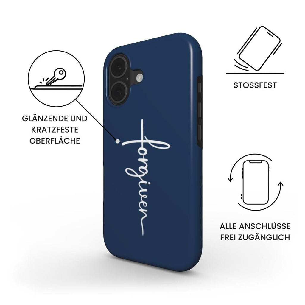 Robuste Handyhülle dunkelblau mit FORGIVEN Schriftzug in weißer Schrift, Infografik