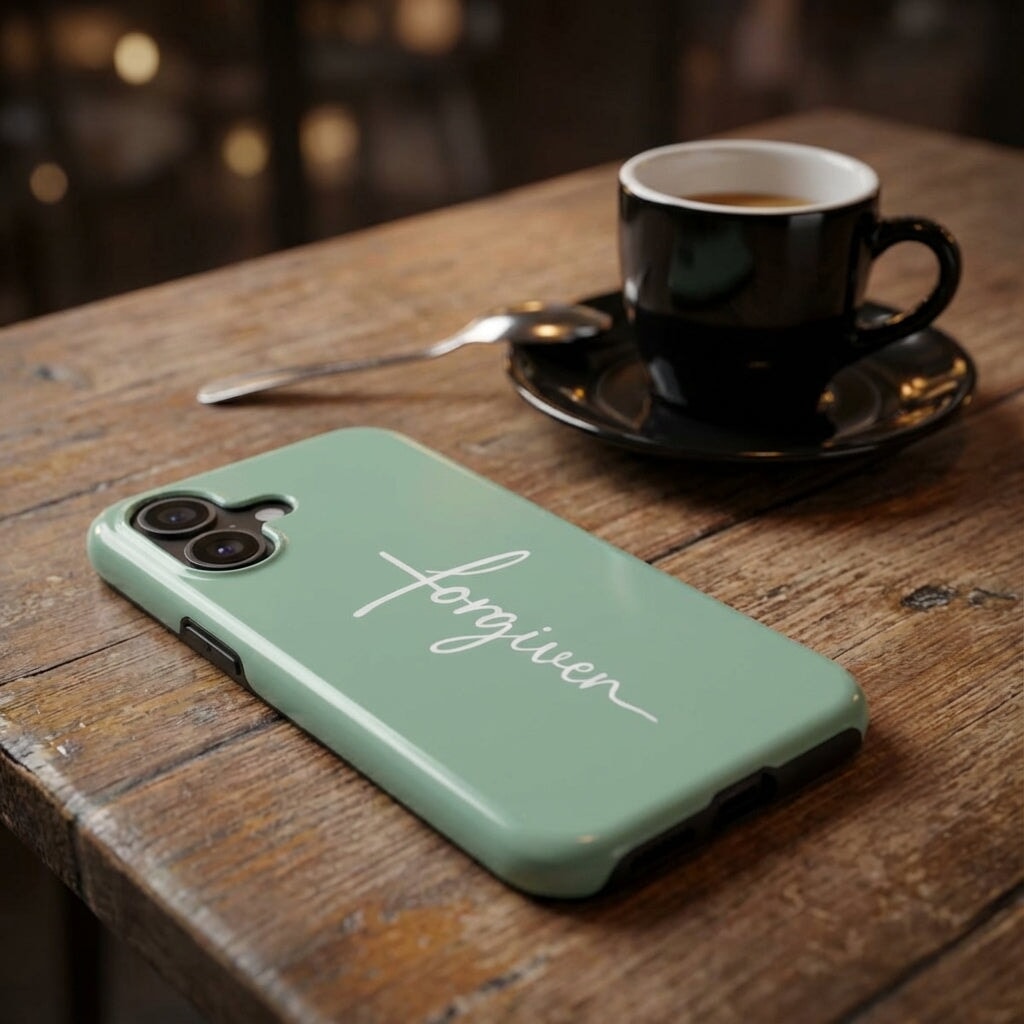 Handyhülle mit Motiv FORGIVEN in Eukalyptus liegt auf Holztisch neben Kaffeetasse, Lifestyle