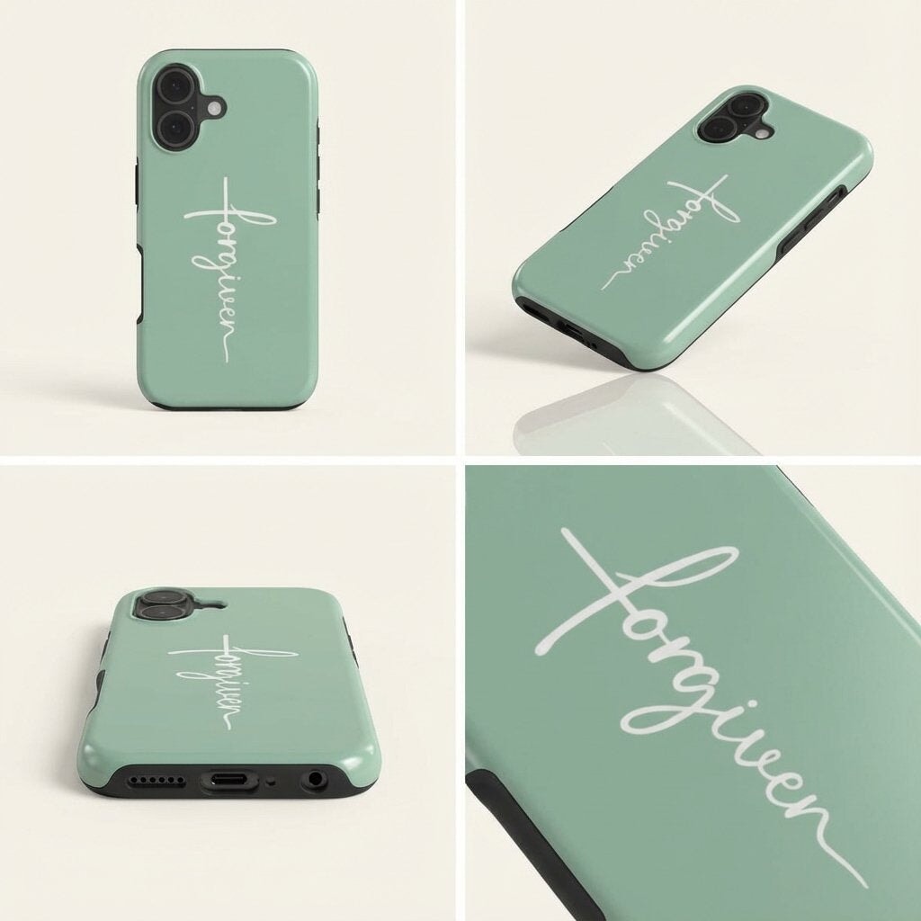 Handyhülle mit Motiv FORGIVEN in mint-grüner Farbe mit weißer Schrift und Kreuz, vier Ansichten