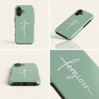 Handyhülle mit Motiv FORGIVEN in mint-grüner Farbe mit weißer Schrift und Kreuz, vier Ansichten